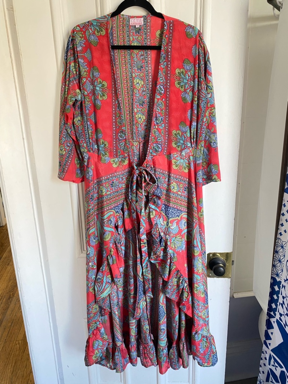Vintage Silk Mix Over Shirt / Robe / Kimono with Ruffle and Bow Tie Detail